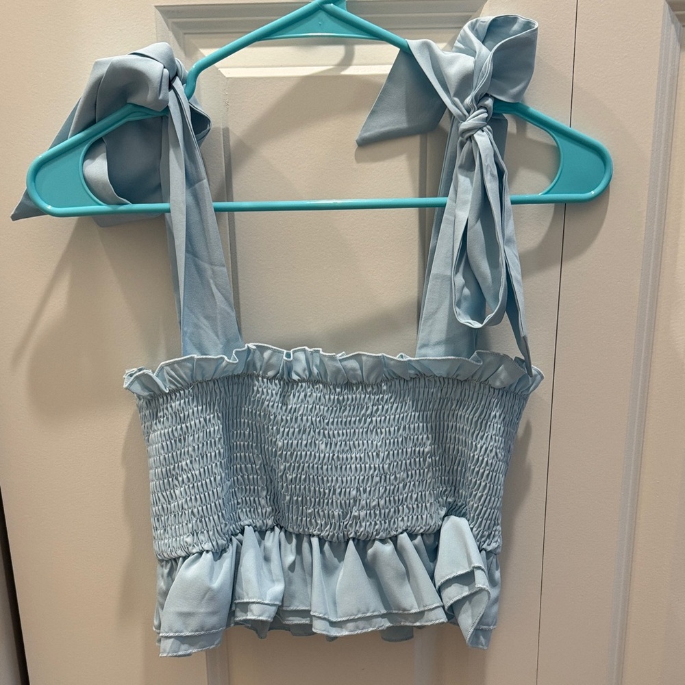 SHEIN Light Blue Smocked Ruffle Tie-Shoulder Crop Top